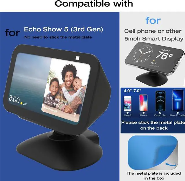 Alt view image 6 of 7 - Adjustable Stand for Echo Show 5 (3rd) with USB-C and USB Charging Port, Tilt + Swivel Charging Station with Strong Magnetic for Charge Your Cellphones and Earbuds (Black)