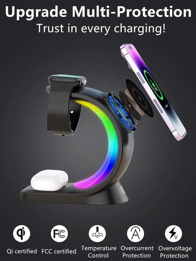 Alt view image 6 of 7 - Mag-Safe 3 in 1 Wireless Charging Station, [6-Color RGB Light] 15W Fast Magnetic Wireless Charger Stand for Multiple Devices Apple, for iPhone 16 15 14 13 12 Pro Max/Plus/Pro, for iWatch 2 to 9