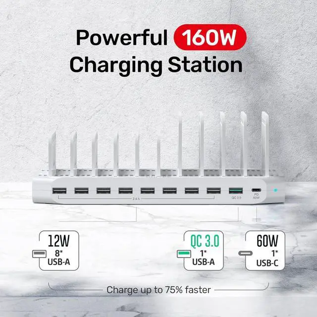 Alt view image 2 of 7 - USB C PD 60W Charging Station with QC 3.0, Unitek 160W 10-Port USB Quick Charger Dock, Power Delivery Compatible with Laptop MacBook, Pixel, Upgraded Dividers