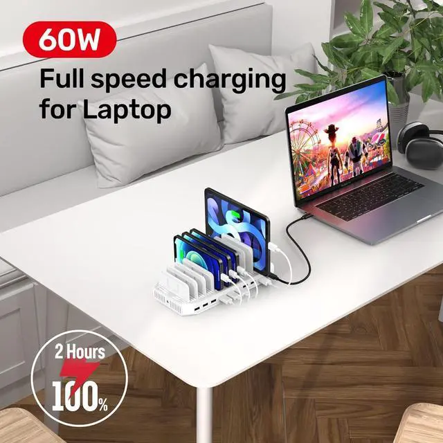 Alt view image 3 of 7 - USB C PD 60W Charging Station with QC 3.0, Unitek 160W 10-Port USB Quick Charger Dock, Power Delivery Compatible with Laptop MacBook, Pixel, Upgraded Dividers