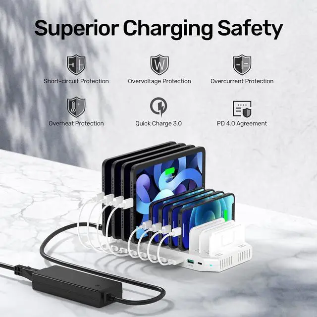 Alt view image 4 of 7 - USB C PD 60W Charging Station with QC 3.0, Unitek 160W 10-Port USB Quick Charger Dock, Power Delivery Compatible with Laptop MacBook, Pixel, Upgraded Dividers