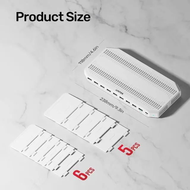 Alt view image 6 of 7 - USB C PD 60W Charging Station with QC 3.0, Unitek 160W 10-Port USB Quick Charger Dock, Power Delivery Compatible with Laptop MacBook, Pixel, Upgraded Dividers