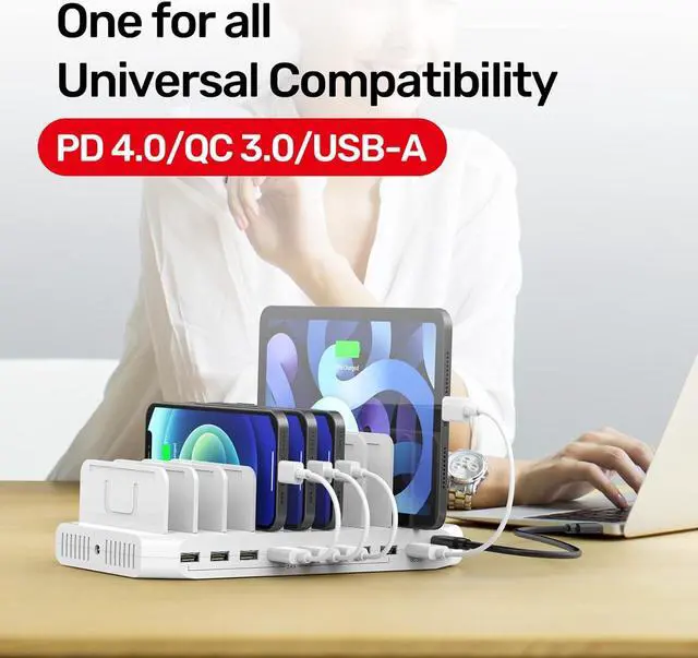 Alt view image 7 of 7 - USB C PD 60W Charging Station with QC 3.0, Unitek 160W 10-Port USB Quick Charger Dock, Power Delivery Compatible with Laptop MacBook, Pixel, Upgraded Dividers