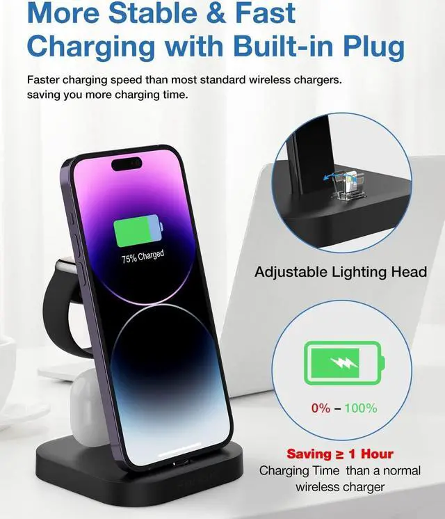 Alt view image 3 of 7 - Charger Stand for Apple Multiple Devices, Fanisic Wireless Charger for Apple iWatch 9/8/SE/7/6/5/4/3/2, Fast 3 in 1 Charging Dock/Station for iPhone 14/13/12/11/X/8/7/6/5Series AirPods Pro 2/Pro/3/2/1