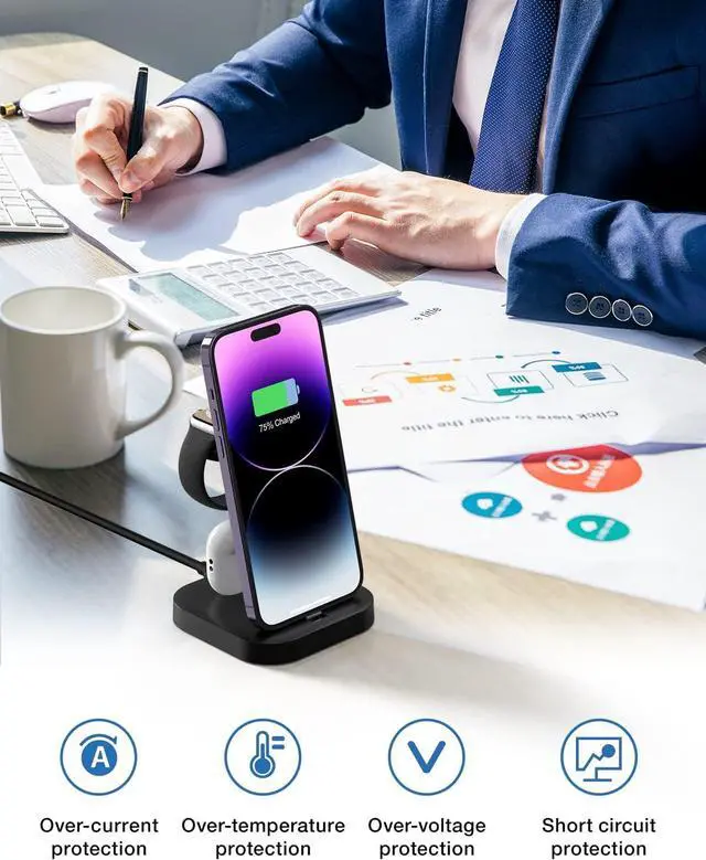 Alt view image 7 of 7 - Charger Stand for Apple Multiple Devices, Fanisic Wireless Charger for Apple iWatch 9/8/SE/7/6/5/4/3/2, Fast 3 in 1 Charging Dock/Station for iPhone 14/13/12/11/X/8/7/6/5Series AirPods Pro 2/Pro/3/2/1