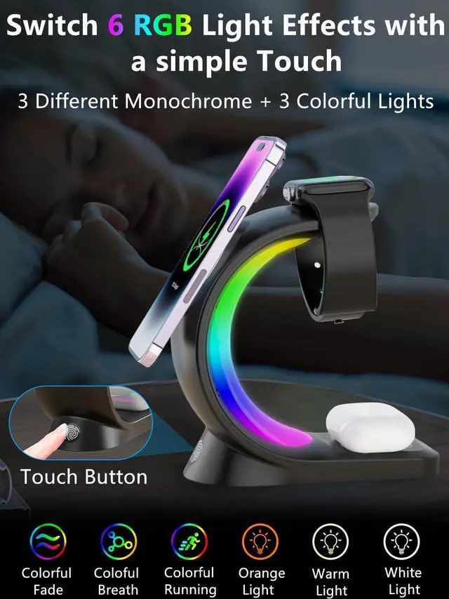 Alt view image 2 of 7 - Mag-Safe 3 in 1 Wireless Charging Station, [6-Color RGB Light] 15W Fast Magnetic Wireless Charger Stand for Multiple Devices Apple, for iPhone 16 15 14 13 12 Pro Max/Plus/Pro, for iWatch 2 to 9