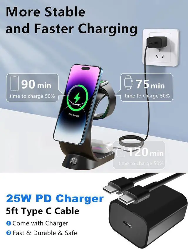 Alt view image 3 of 7 - Mag-Safe 3 in 1 Wireless Charging Station, [6-Color RGB Light] 15W Fast Magnetic Wireless Charger Stand for Multiple Devices Apple, for iPhone 16 15 14 13 12 Pro Max/Plus/Pro, for iWatch 2 to 9