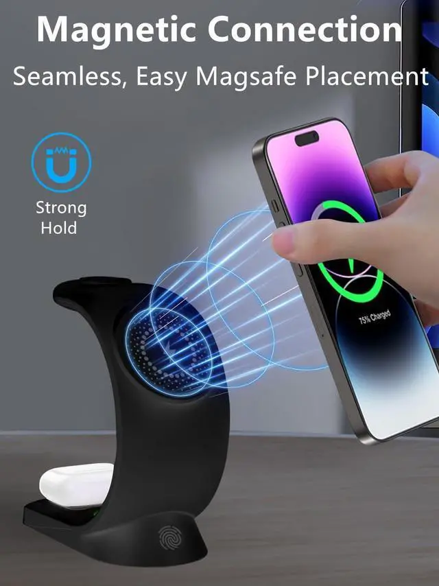 Alt view image 4 of 7 - Mag-Safe 3 in 1 Wireless Charging Station, [6-Color RGB Light] 15W Fast Magnetic Wireless Charger Stand for Multiple Devices Apple, for iPhone 16 15 14 13 12 Pro Max/Plus/Pro, for iWatch 2 to 9