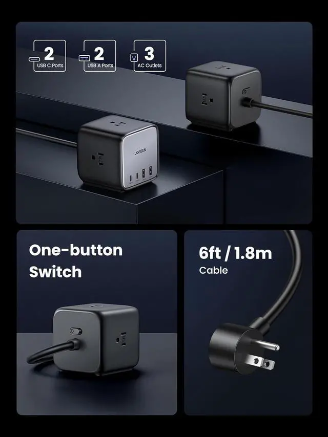 Alt view image 2 of 7 - UGREEN 65W Charging Station, 7-in-1 USB C Power Strip with 6ft Extension Cord, 3 AC, 2 USB C, 2 USB A, Nexode GaN Desktop Charger for Home, Office, Travel for MacBook Pro, iPhone 15 Pro and More