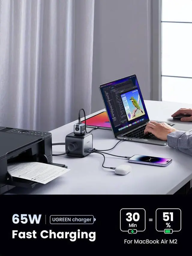 Alt view image 3 of 7 - UGREEN 65W Charging Station, 7-in-1 USB C Power Strip with 6ft Extension Cord, 3 AC, 2 USB C, 2 USB A, Nexode GaN Desktop Charger for Home, Office, Travel for MacBook Pro, iPhone 15 Pro and More