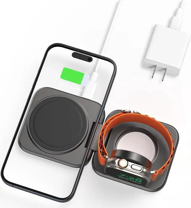 Main image of 2 in 1 Foldable Mini Travel Wireless Charger Stand for Apple, KUXIU Aluminum Alloy Magnetic Charging Station Compatible with iPhone 15/14/13/12Pro/Max, 5W Fast Charging Watch 9/8/7/Ultra2, AirPods Pro