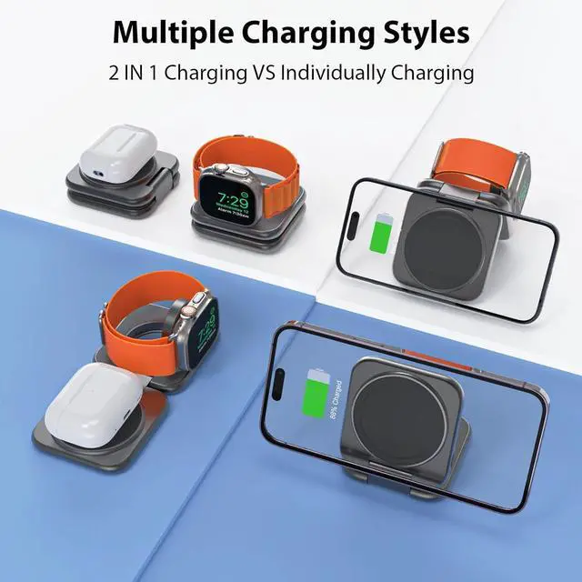 Alt view image 2 of 7 - 2 in 1 Foldable Mini Travel Wireless Charger Stand for Apple, KUXIU Aluminum Alloy Magnetic Charging Station Compatible with iPhone 15/14/13/12Pro/Max, 5W Fast Charging Watch 9/8/7/Ultra2, AirPods Pro