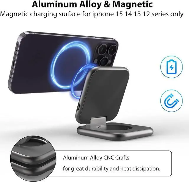 Alt view image 3 of 7 - 2 in 1 Foldable Mini Travel Wireless Charger Stand for Apple, KUXIU Aluminum Alloy Magnetic Charging Station Compatible with iPhone 15/14/13/12Pro/Max, 5W Fast Charging Watch 9/8/7/Ultra2, AirPods Pro