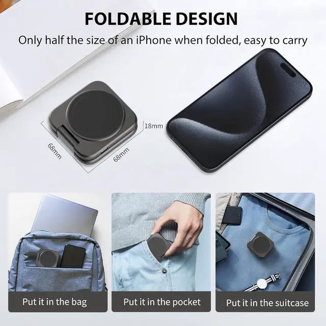 Alt view image 4 of 7 - 2 in 1 Foldable Mini Travel Wireless Charger Stand for Apple, KUXIU Aluminum Alloy Magnetic Charging Station Compatible with iPhone 15/14/13/12Pro/Max, 5W Fast Charging Watch 9/8/7/Ultra2, AirPods Pro