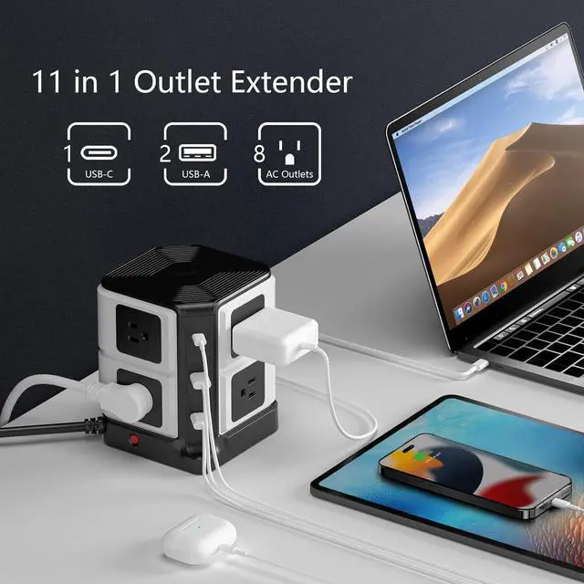 Alt view image 2 of 7 - Power Strip Tower with PD20W USB C, BESTEK 8-Outlet and USB Charging Ports 2100 Joules Surge Protector, 5 Feet Extension Cord Flat Plug ETL Listed