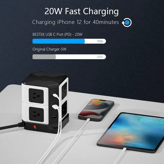 Alt view image 3 of 7 - Power Strip Tower with PD20W USB C, BESTEK 8-Outlet and USB Charging Ports 2100 Joules Surge Protector, 5 Feet Extension Cord Flat Plug ETL Listed