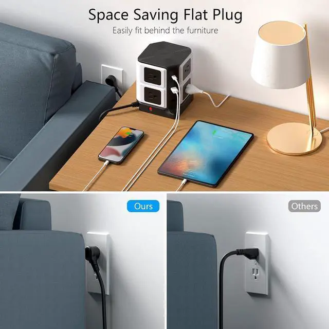 Alt view image 4 of 7 - Power Strip Tower with PD20W USB C, BESTEK 8-Outlet and USB Charging Ports 2100 Joules Surge Protector, 5 Feet Extension Cord Flat Plug ETL Listed