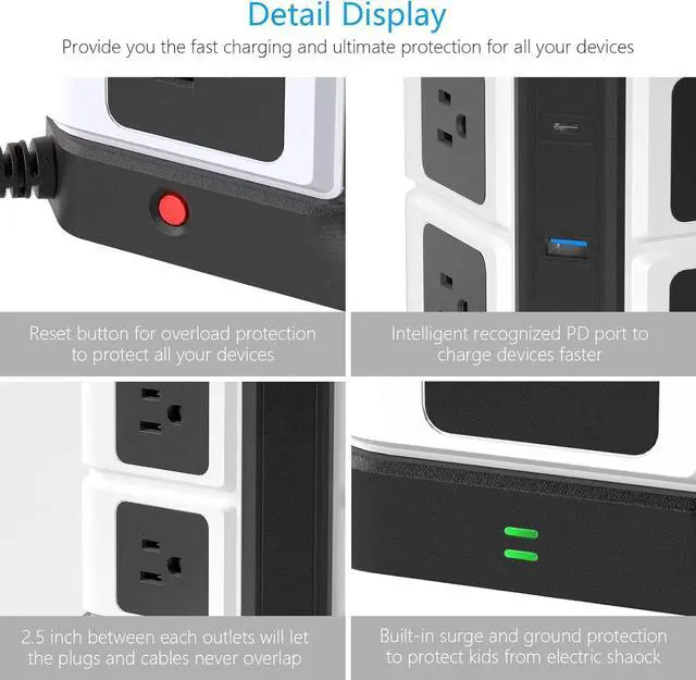Alt view image 5 of 7 - Power Strip Tower with PD20W USB C, BESTEK 8-Outlet and USB Charging Ports 2100 Joules Surge Protector, 5 Feet Extension Cord Flat Plug ETL Listed