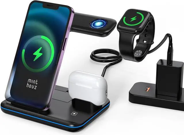 Main image of Minthouz Phone Wireless Charger, 18W Fast Charging Station for iWatch (Watch Charger is NOT included), AirPods, Wireless Charger Stand Compatible with iPhone 15/14/13/12/11 Series (with QC3.0 Adapter)