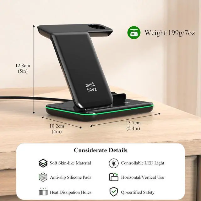 Alt view image 7 of 7 - Minthouz Phone Wireless Charger, 18W Fast Charging Station for iWatch (Watch Charger is NOT included), AirPods, Wireless Charger Stand Compatible with iPhone 15/14/13/12/11 Series (with QC3.0 Adapter)