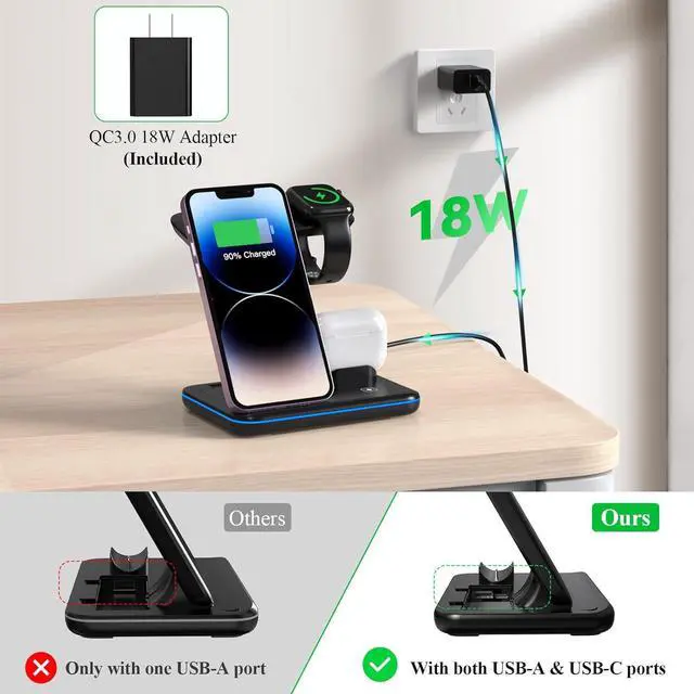 Alt view image 4 of 7 - Minthouz Phone Wireless Charger, 18W Fast Charging Station for iWatch (Watch Charger is NOT included), AirPods, Wireless Charger Stand Compatible with iPhone 15/14/13/12/11 Series (with QC3.0 Adapter)