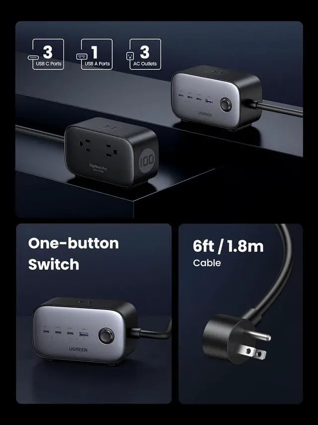 Alt view image 3 of 7 - 100W USB-C Charging Station with AC Outlet, Nexode 7-in-1 GaN Power Strip for Home and Office, with 3 AC, 3 USB C & 1 USB A, 6ft Extension Cord, for MacBook Pro/Air, iPad, iPhone 16, Galaxy S24