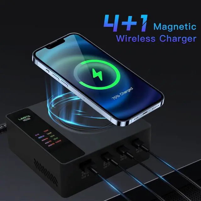 Alt view image 2 of 7 - 5-in-1 Charging Station(140W Max) with Adapter, PD 3.1 Wireless Magnetic Fast Wall Charger, 1 USB-A, 3 USB-C, OTA Upgrade LCD Display Power Delivery Charging for iPhone 15/14/13 Series