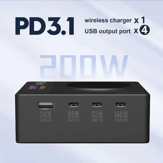 Alt view image 4 of 7 - 5-in-1 Charging Station(140W Max) with Adapter, PD 3.1 Wireless Magnetic Fast Wall Charger, 1 USB-A, 3 USB-C, OTA Upgrade LCD Display Power Delivery Charging for iPhone 15/14/13 Series