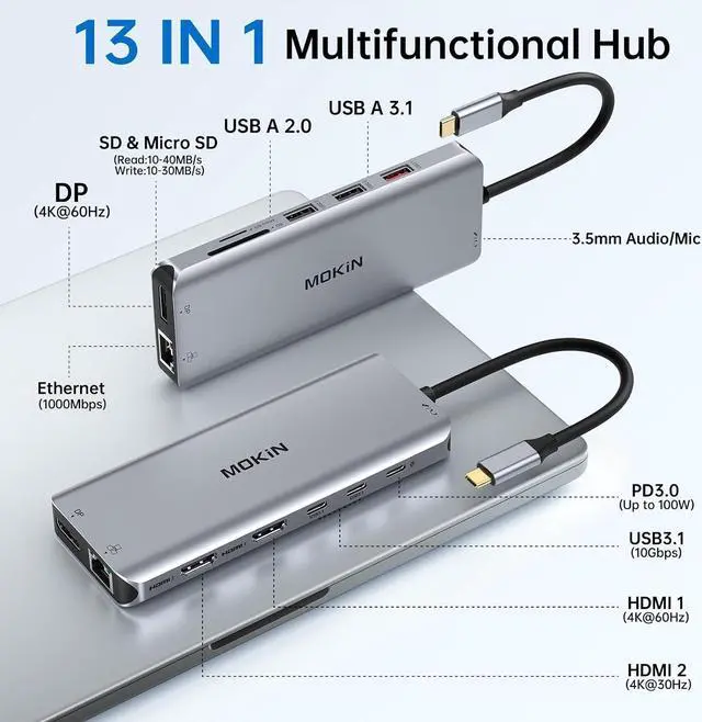 Alt view image 2 of 7 - USB C Laptop Docking Station Dual Monitor Dual HDMI 4k DP Triple Display Hub 10G, 13 in 1 MOKiN USB C Hub with 3 Monitors,Displayport,USB3.1,RJ45,100W PD,Card Reader,Audio/Mic, for Dell HP Lenovo
