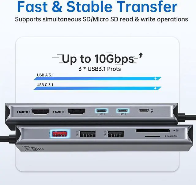 Alt view image 6 of 7 - USB C Laptop Docking Station Dual Monitor Dual HDMI 4k DP Triple Display Hub 10G, 13 in 1 MOKiN USB C Hub with 3 Monitors,Displayport,USB3.1,RJ45,100W PD,Card Reader,Audio/Mic, for Dell HP Lenovo