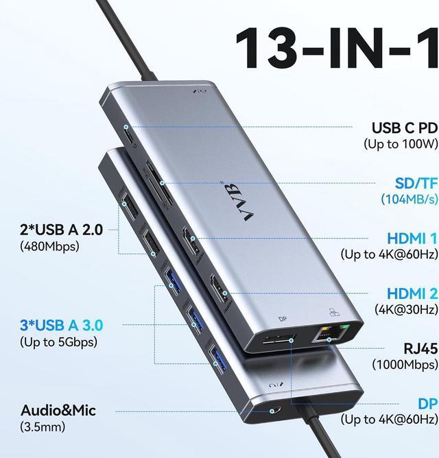 Alt view image 2 of 7 - USB C Laptop Docking Station Dual Monitor HDMI for Dell/HP/Lenovo Laptop USB C Hub Multiport Adapter Dongle Dock,USB C to 2 HDMI+DisplayPort DP+Ethernet+100W USB C Power Charging Port+5USB+SD/TF+Audio
