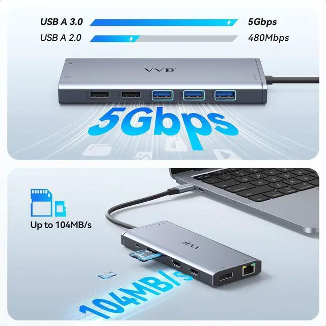 Alt view image 6 of 7 - USB C Laptop Docking Station Dual Monitor HDMI for /HP/Lenovo Laptop USB C Hub Multiport Adapter Dongle Dock,USB C to 2 HDMI+DisplayPort DP+Ethernet+100W USB C Power Charging Port+5USB+SD/TF+Audio