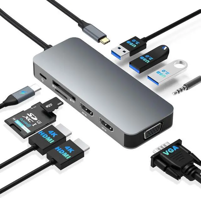Main image of Docking Station Dual Monitor, USB C to Dual HDMI Adapter, USB C Docking Station Dual Monitor, Dual Monitor Adapter, USB C Hub 10 in 1 Docking Station 3 Monitors with HDMI/VGA/PD/USB/SD/TF/3.5mm Audio
