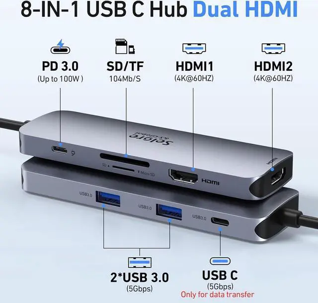 Alt view image 2 of 7 - USB C Docking Station Dual HDMI Monitor,USB C to Dual HDMI Adapter with 2 HDMI Ports,PD Charging,SD/TF,USB A&C 3.0 Ports,USB C Hub HDMI for  XPS/HP/Lenovo/Surface/Yoga etc