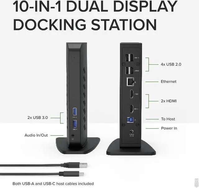 Alt view image 2 of 7 - Plugable USB 3.0 and USB-C Universal Laptop Docking Station with 2 HDMI Ports for Windows, Mac, and ChromeOS (Gigabit Ethernet, Audio, 6 USB Ports)