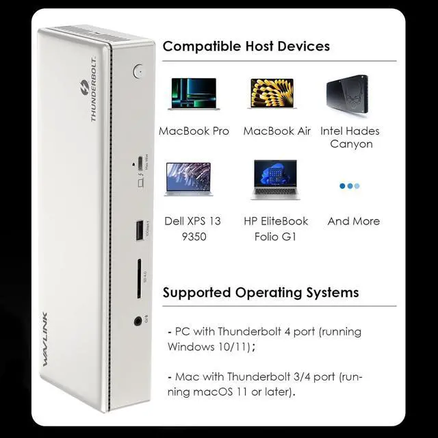 Alt view image 7 of 7 - WAVLINK Thunderbolt 4 Dock with 100W Charging, Displaylink Docking Station Quad 4K@60Hz Monitors,3 Thunderbolt 4 Ports, 2.5G Ethernet, USB C Docking Station for Mac and PC,Displaylink Driver Required
