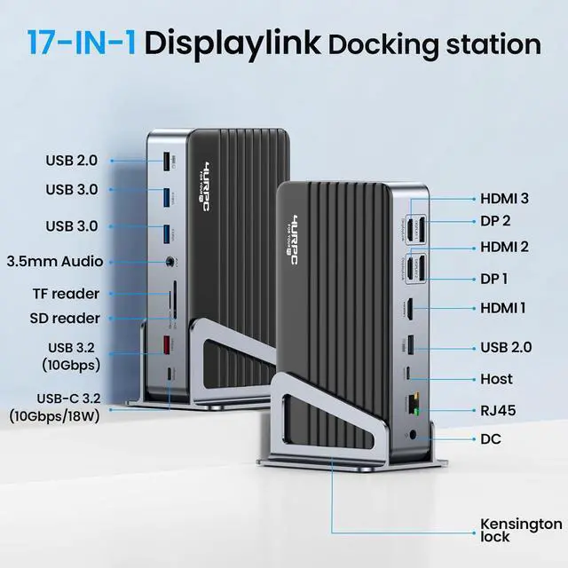 Alt view image 2 of 7 - DisplayLink Docking Station Single 8K/Triple 4K@60Hz with 120W Power Adapter, 4URPC 17-in-1 USB C Docking Station for Thunderbolt 3/4, Windows, MacBook M3/M2/M1, 3X HDMI, 2X DP, USB-C 3.2, 5X USB-A