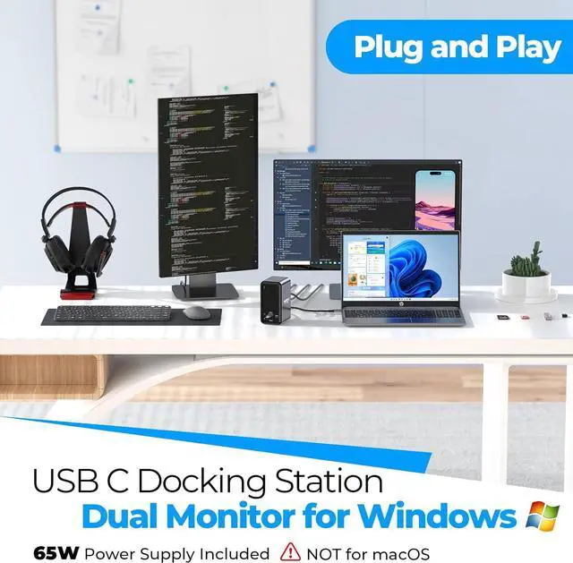 Alt view image 2 of 7 - USB C Docking Station Dual Monitor, Dual HDMI USB C Dock, Laptop Docking Station with 2 HDMI Ports, VGA, 7 USB, 65W Power Adapter, Ethernet, SD/TF, Audio/Mic for Windows, and ChromeOS