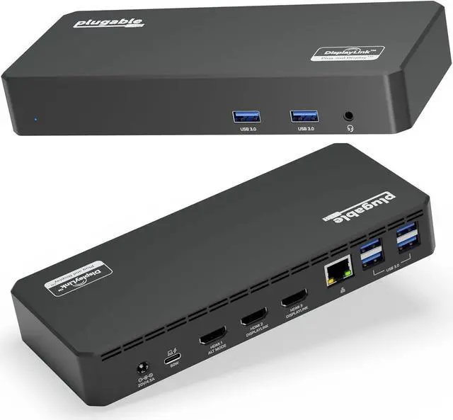 Main image of Plugable USB C Triple Display Docking Station with Laptop Charging, for Thunderbolt, USB4, or USB C Systems, Compatible with Windows, macOS, ChromeOS laptops (3x HDMI, 6x USB 5Gbps Ports, 100W USB PD)