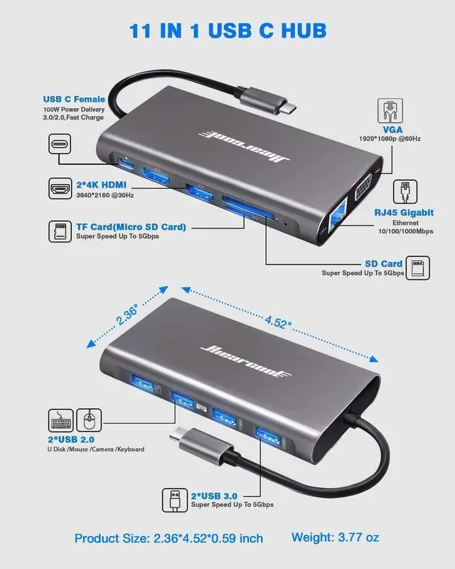 Alt view image 3 of 7 - Hiearcool USB C Hub, USB-C Laptop Docking Station, 11IN1 Triple Display Type C Adapter Compatible for Dell Hp Lenovo Windows (2HDMI VGA PD3.0 SD TF Card Reader Gigabit Ethernet 4USB Ports)
