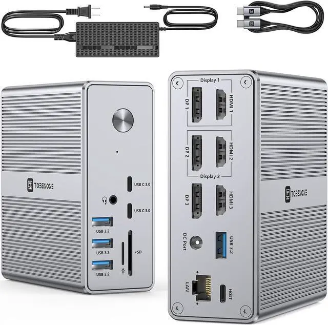 Main image of TobenONE DisplayLink Docking Station Triple Monitor with 120W Power Adapter, Triple 4K Display for MacBook Pro/Air, Thunderbolt 4/3, USB-C Windows(3X HDMI, 3X DisplayPort, 2xUSB-C, 4xUSB 3.2, SD/TF)