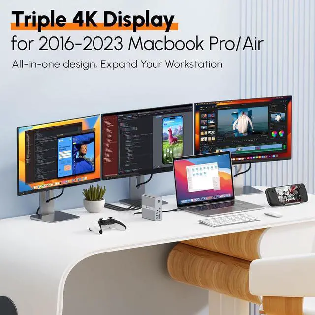 Alt view image 3 of 7 - TobenONE DisplayLink Docking Station Triple Monitor with 120W Power Adapter, Triple 4K Display for MacBook Pro/Air, Thunderbolt 4/3, USB-C Windows(3X HDMI, 3X DisplayPort, 2xUSB-C, 4xUSB 3.2, SD/TF)