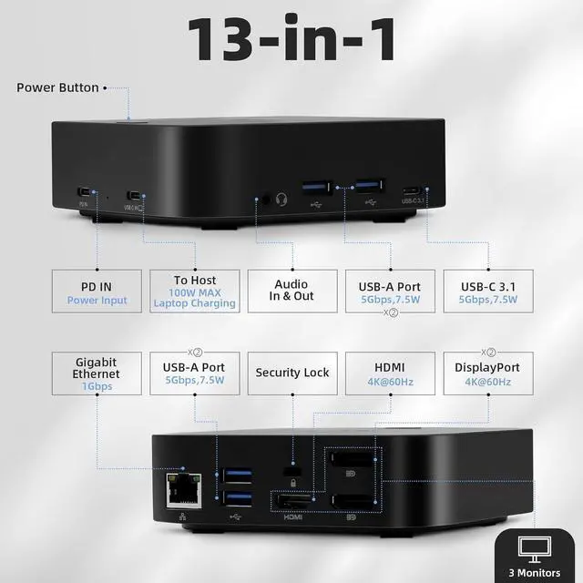 Alt view image 2 of 6 - Laptop Docking Station Dual Monitor by RVP+, 13-in-1 Mac Triple Monitor USB Dock with 4K HDMI Display, Computer Dock 5Gbps USB-C/A Ports, 10-1000Mbps (082321)