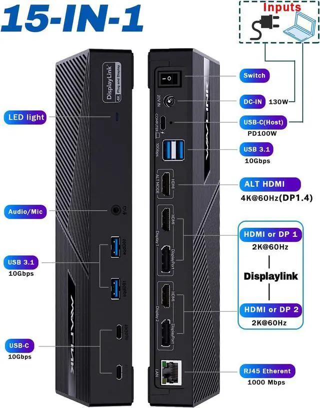 Alt view image 2 of 7 - USB C Docking Station Triple Monitors with 130W Power Delivery, Wavlink Displaylink Docking Station with 10Gbps USB for Mac M1/M2/M3 Windows (3 HDMI, 2 DisplayPort, 2 USB-C, 4 USB3.1, Ethernet, Audio)
