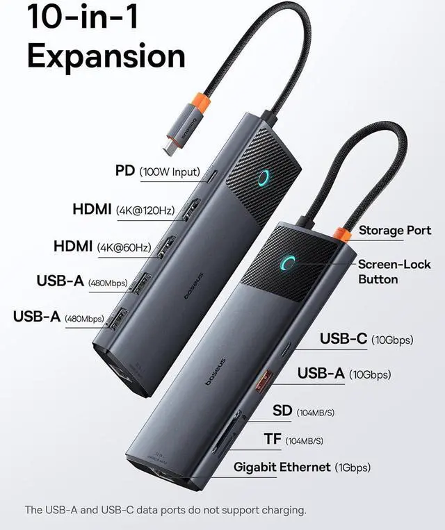 Alt view image 6 of 7 - Baseus Docking Station Dual Monitor Bundle with Enercore Power Bank, 20000mAh Fast Charging Portable Charger Built-in 67W Retractable USB-C Cable, 10Gbps 10 in 1 Docking Station