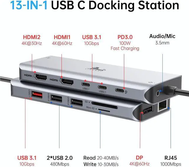 Alt view image 2 of 7 - Laptop Docking Station 13 in 1 - Dual HDMI+DisplayPort+10Gbps, 6 USB C/A, 100W PD, Ethernet, SD/TF, Audio, USB C Hub for MacBook//HP/Surface