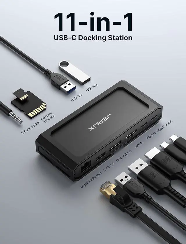 Alt view image 2 of 7 - JSAUX USB-C Laptop Docking Station, 11-in-1 Dock with 8K@30Hz HDMI and DP, 100W PD, USB C and 3 USB A, Gigabit Ethernet, 3.5mm Audio, SD/TF Reader Compatible with Steam Deck, MacBook,ROG Ally-HB1101