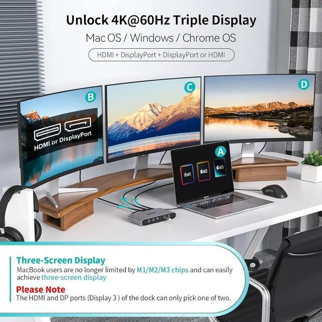 Alt view image 3 of 7 - Minisopuru Displaylink Triple Display Docking Station for MacBook M1/M2/M3/M4/Windows,DisplayLink Docking Station with 2 HDMI & 2 DisplayPort,100W Charge, USB-C Data, Ethernet, Audio,4 USBA Ports