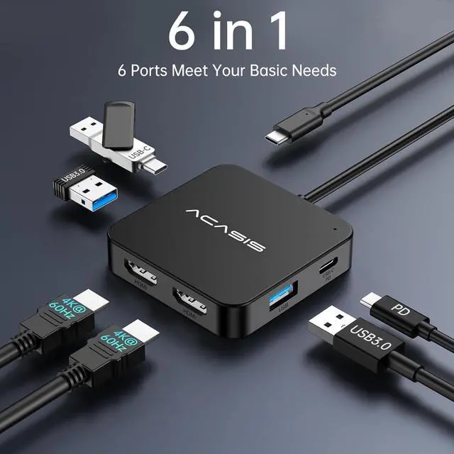 Alt view image 2 of 7 - ACASIS USB C Hub Dual HDMI, USB C to Dual HDMI Adapter, 100W PD Charging, 5Gbps USB C and USB A Data Ports, USB C Docking Station Dual Monitor Adapter for MacBook//HP/Surface/Lenovo/Steam Deck