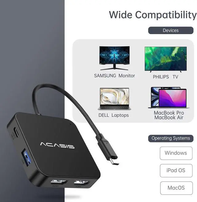 Alt view image 7 of 7 - ACASIS USB C Hub Dual HDMI, USB C to Dual HDMI Adapter, 100W PD Charging, 5Gbps USB C and USB A Data Ports, USB C Docking Station Dual Monitor Adapter for MacBook//HP/Surface/Lenovo/Steam Deck